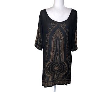 Earthbound Black Gold Ethnic Print Tunic Dress Large Boho Beach Cover Up Large